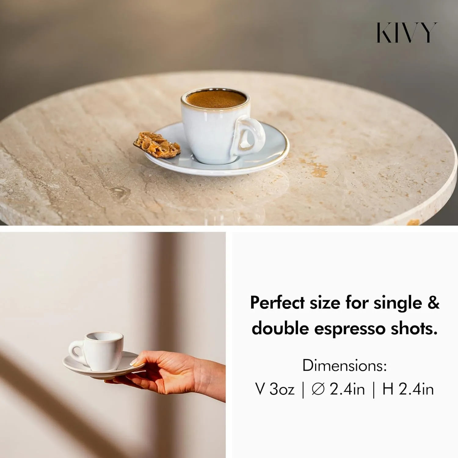 KIVY 3 oz Stoneware Espresso Cup Set of 4 - Italian Style Demitasse Cups and Saucers - Thick Walled Grey