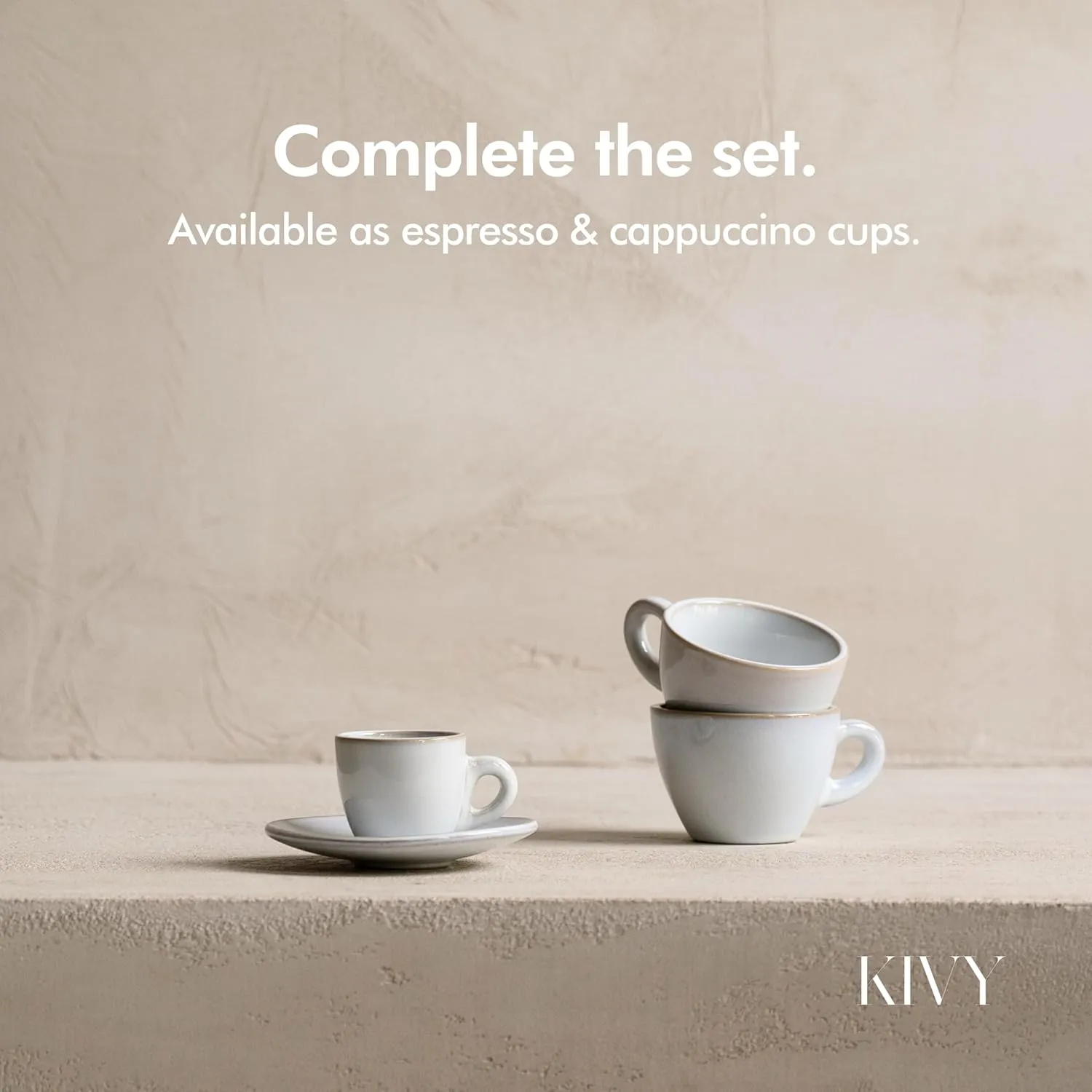 KIVY 3 oz Stoneware Espresso Cup Set of 4 - Italian Style Demitasse Cups and Saucers - Thick Walled Grey