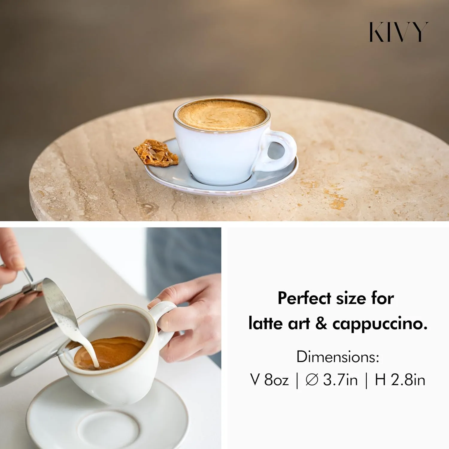 KIVY Cappuccino cups set of 4 [8oz] - Thick-walled stoneware cappuccino cup set for latte art - Latte mugs - Latte cups - Latte mug - Latte art cup - Ceramic latte cup and saucer set of 4 - Blue