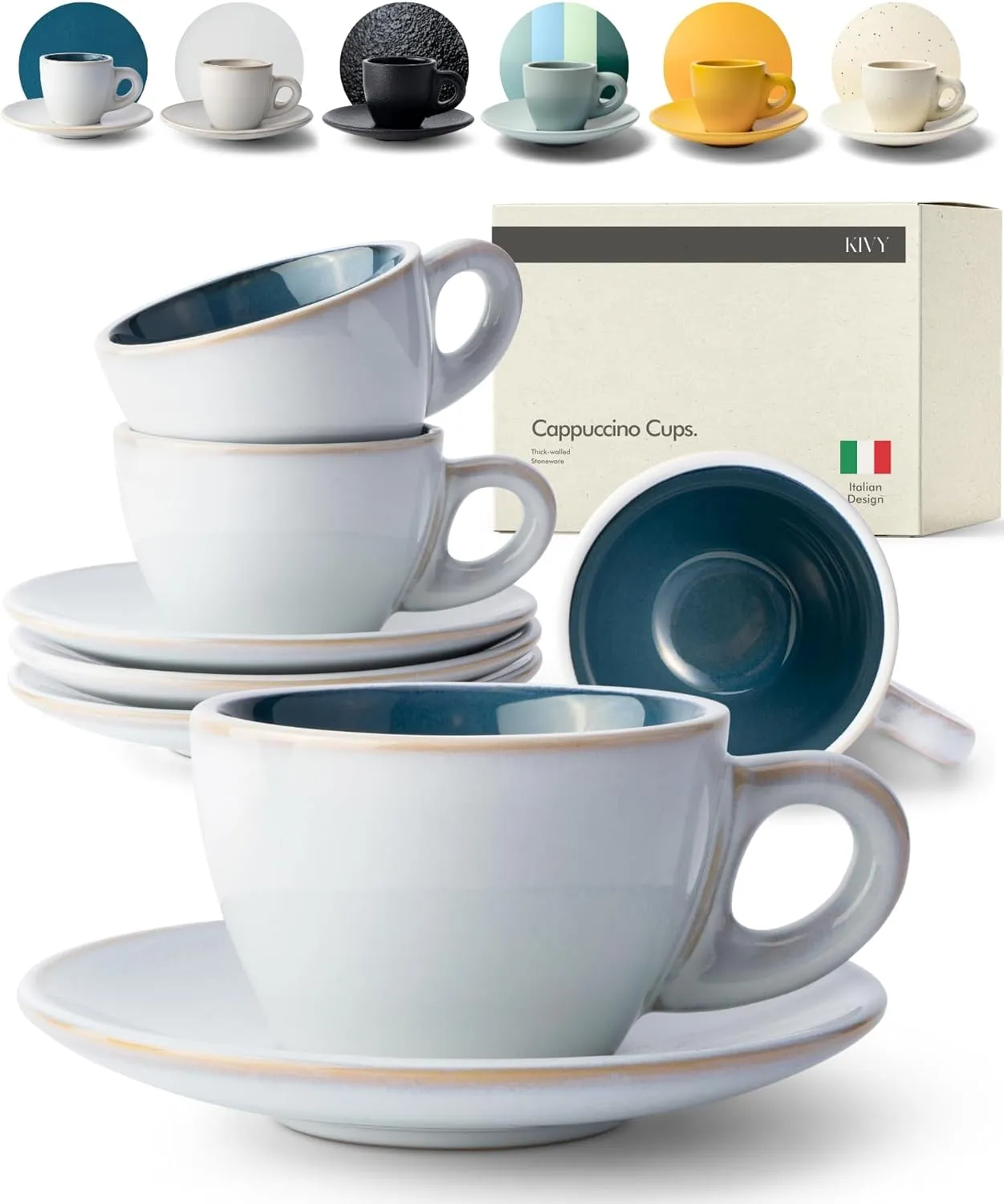 KIVY Cappuccino cups set of 4 [8oz] - Thick-walled stoneware cappuccino cup set for latte art - Latte mugs - Latte cups - Latte mug - Latte art cup - Ceramic latte cup and saucer set of 4 - Blue