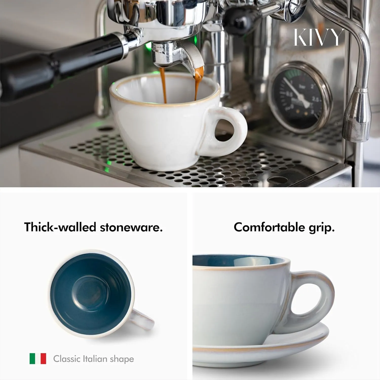 KIVY Cappuccino cups set of 4 [8oz] - Thick-walled stoneware cappuccino cup set for latte art - Latte mugs - Latte cups - Latte mug - Latte art cup - Ceramic latte cup and saucer set of 4 - Blue