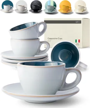 KIVY Cappuccino cups set of 4 [8oz] - Thick-walled stoneware cappuccino cup set for latte art - Latte mugs - Latte cups - Latte mug - Latte art cup - Ceramic latte cup and saucer set of 4 - Blue