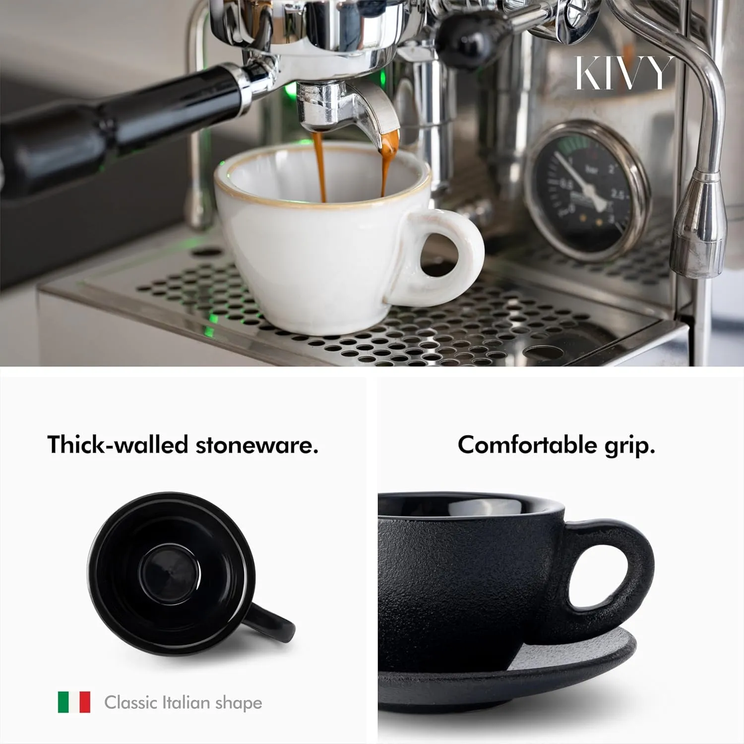 KIVY Cappuccino Cups Set of 4 [8oz] - Thick-Walled Stoneware Cup Set for Latte Art - Ceramic Mug and Saucer - Black