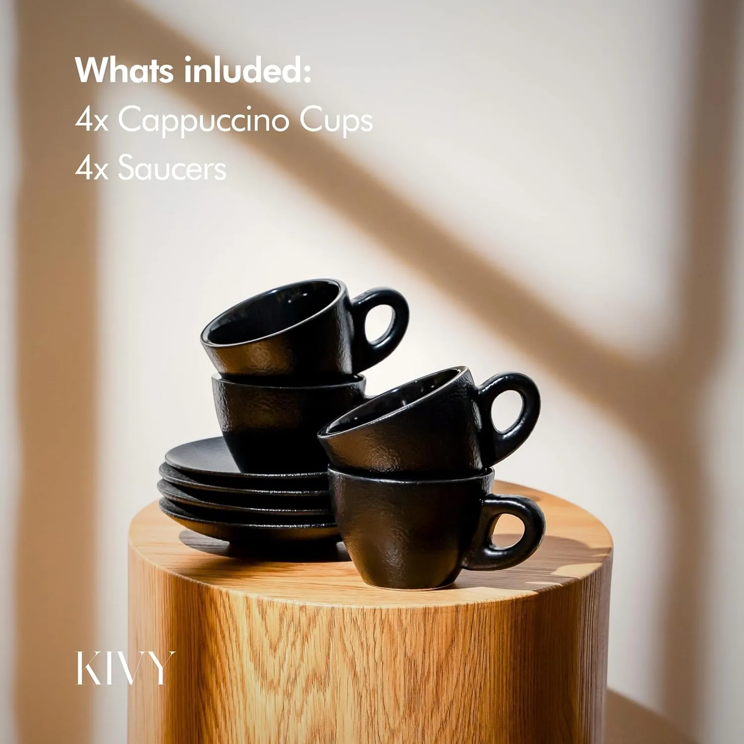 KIVY Cappuccino Cups Set of 4 [8oz] - Thick-Walled Stoneware Cup Set for Latte Art - Ceramic Mug and Saucer - Black