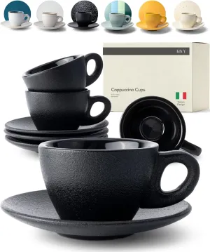 KIVY Cappuccino Cups Set of 4 [8oz] - Thick-Walled Stoneware Cup Set for Latte Art - Ceramic Mug and Saucer - Black