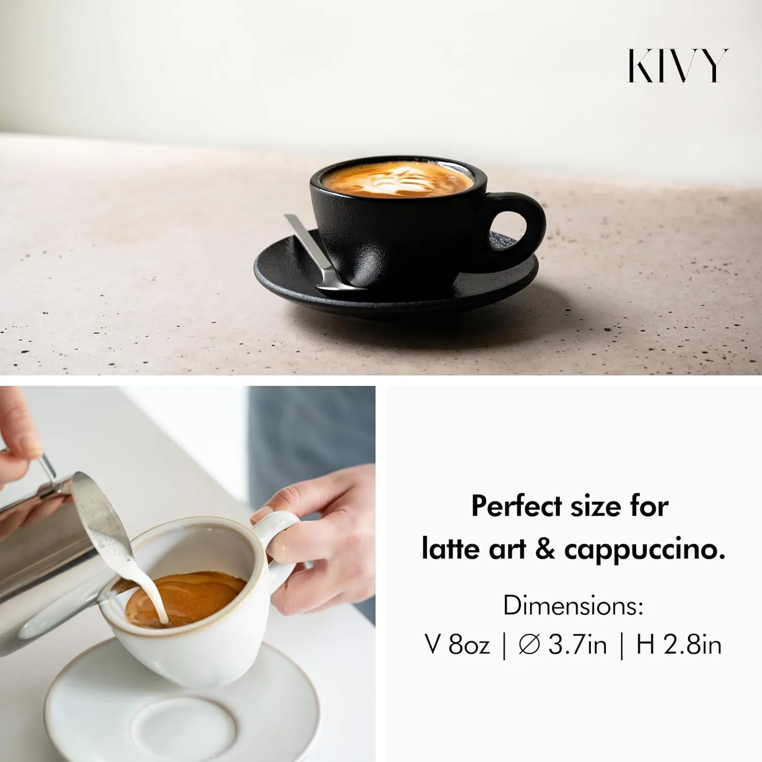 KIVY Cappuccino Cups Set of 4 [8oz] - Thick-Walled Stoneware Cup Set for Latte Art - Ceramic Mug and Saucer - Black