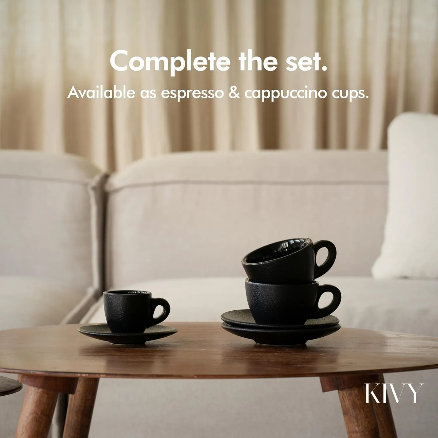 KIVY Cappuccino Cups Set of 4 [8oz] - Thick-Walled Stoneware Cup Set for Latte Art - Ceramic Mug and Saucer - Black