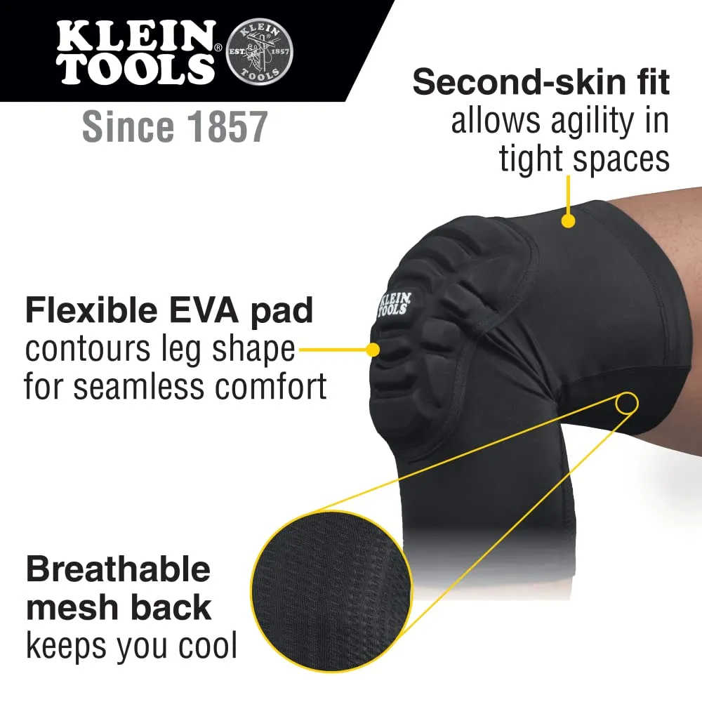 Klein Tools 60592 Knee Pads, Lightweight Padded Knee Sleeves, Breathable Mesh Back, Elastic Cuff with Slip-Resistant Silicone, Black, L/XL