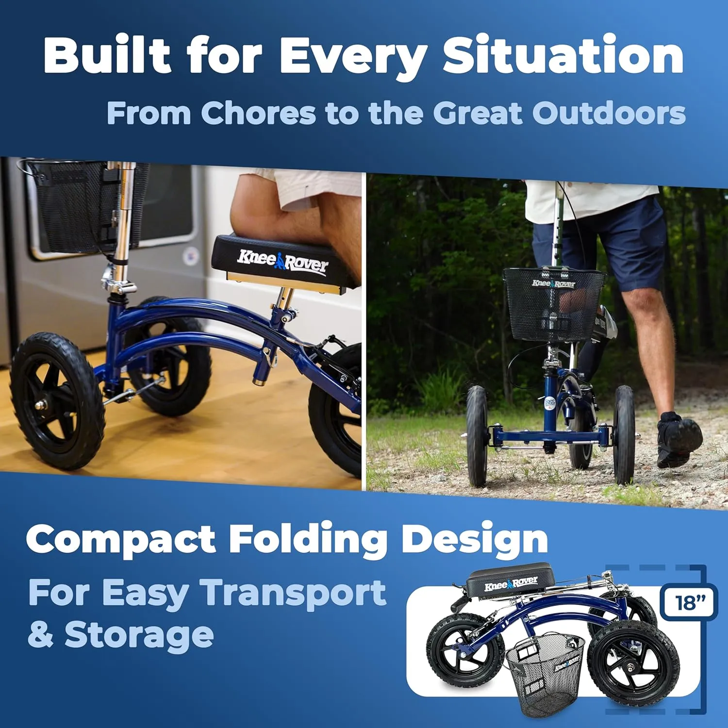 KneeRover Original Steerable All Terrain Knee Scooter for Adults for Foot Surgery Heavy Duty Knee Walker for Broken Ankle Foot Injuries - Leg Recovery Scooter Best Knee Crutch Alternative (Blue)