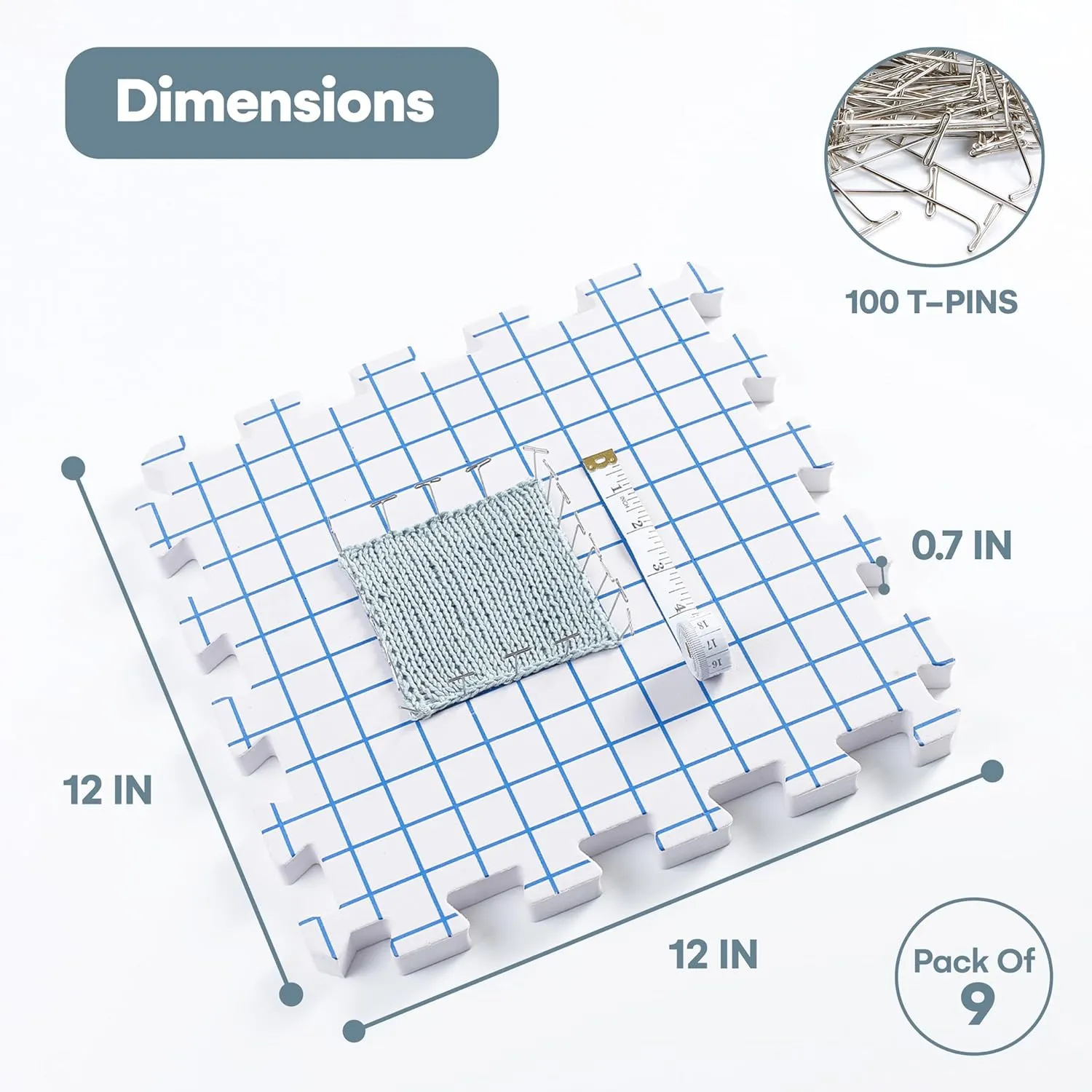 KnitIQ Blocking Mats for Knitting Extra Thick Blocking Boards for Crochet Projects with Gridlines - 100 T-Pins and Storage Bag Included for Knitting Supplies - Standard Mat Set - Pack of 9