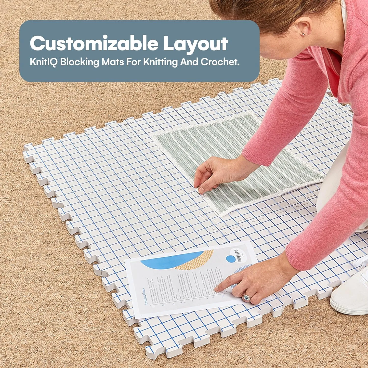 KnitIQ Blocking Mats for Knitting Extra Thick Blocking Boards for Crochet Projects with Gridlines - 100 T-Pins and Storage Bag Included for Knitting Supplies - Standard Mat Set - Pack of 9