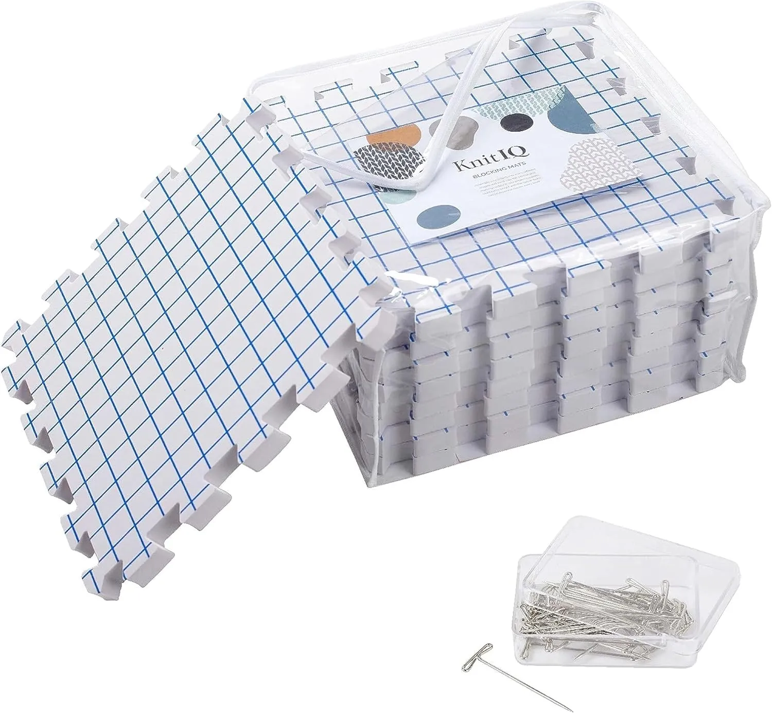 KnitIQ Blocking Mats for Knitting Extra Thick Blocking Boards for Crochet Projects with Gridlines - 100 T-Pins and Storage Bag Included for Knitting Supplies - Standard Mat Set - Pack of 9