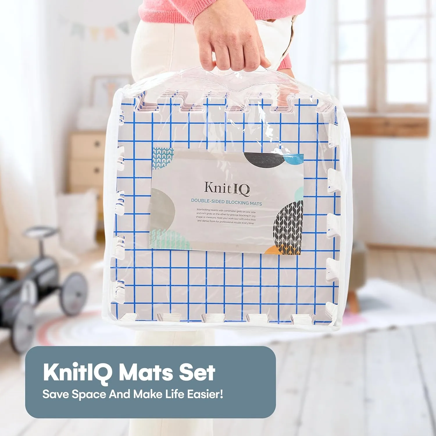KnitIQ Blocking Mats for Knitting Extra Thick Blocking Boards for Crochet Projects with Gridlines - 100 T-Pins and Storage Bag Included for Knitting Supplies - Standard Mat Set - Pack of 9
