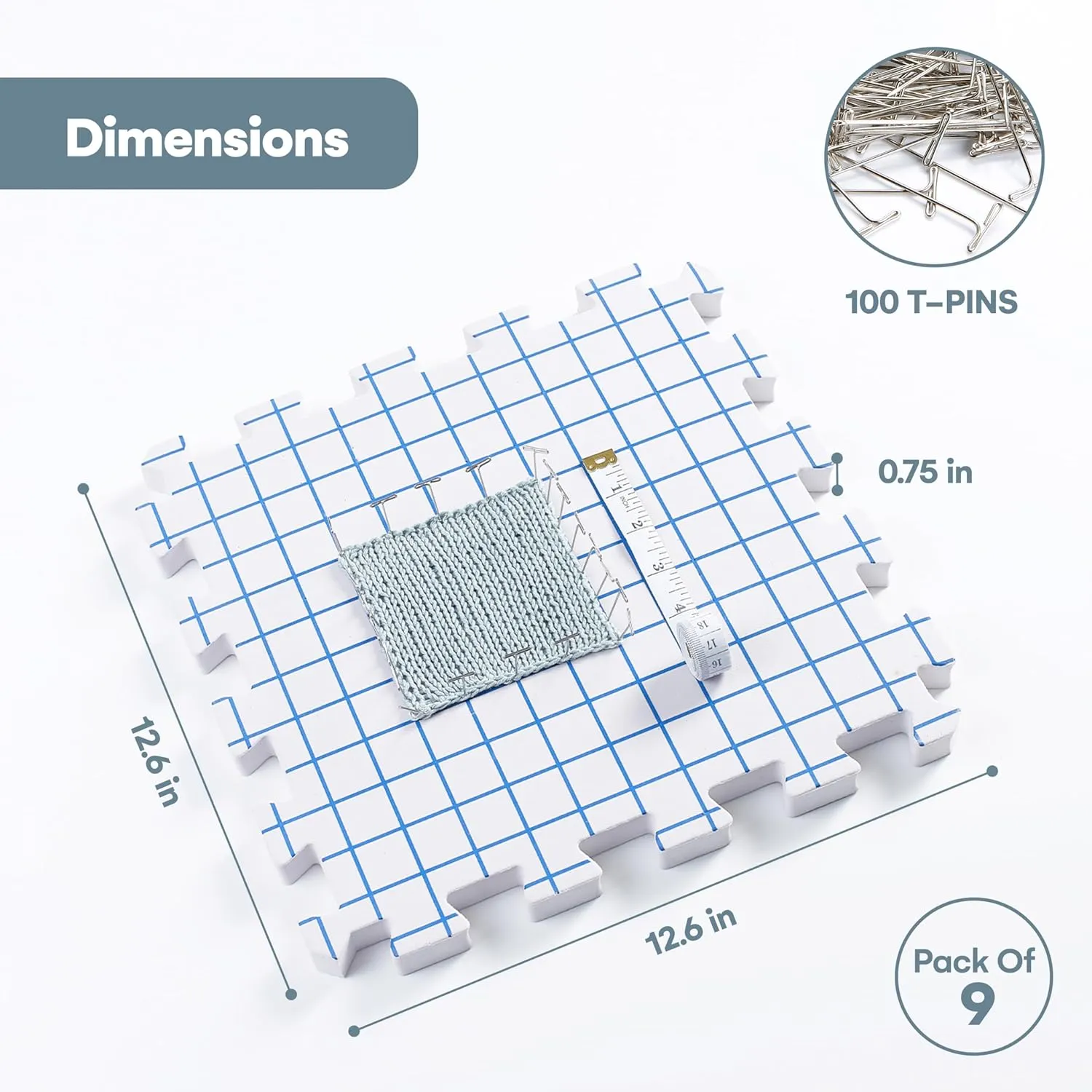 KnitIQ Blocking Mats for Knitting - Extra Thick Blocking Boards with Circular Gridlines for Needlework and Crochet Projects- 100 T-Pins and Storage Bag Included - Standarded Radial Mat Set - Pack of 9