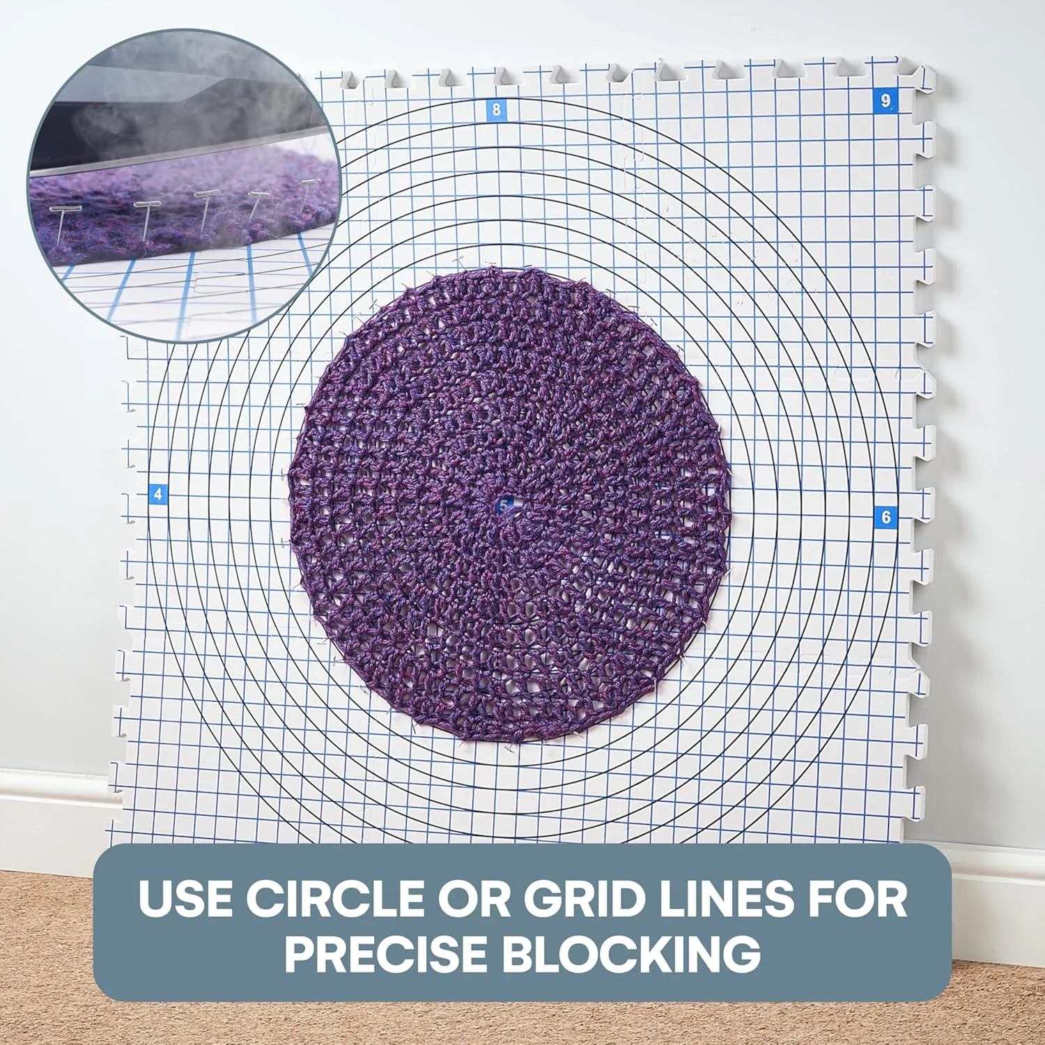 KnitIQ Blocking Mats for Knitting - Extra Thick Blocking Boards with Circular Gridlines for Needlework and Crochet Projects- 100 T-Pins and Storage Bag Included - Standarded Radial Mat Set - Pack of 9