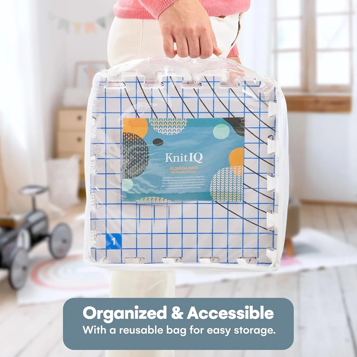KnitIQ Blocking Mats for Knitting - Extra Thick Blocking Boards with Circular Gridlines for Needlework and Crochet Projects- 100 T-Pins and Storage Bag Included - Standarded Radial Mat Set - Pack of 9