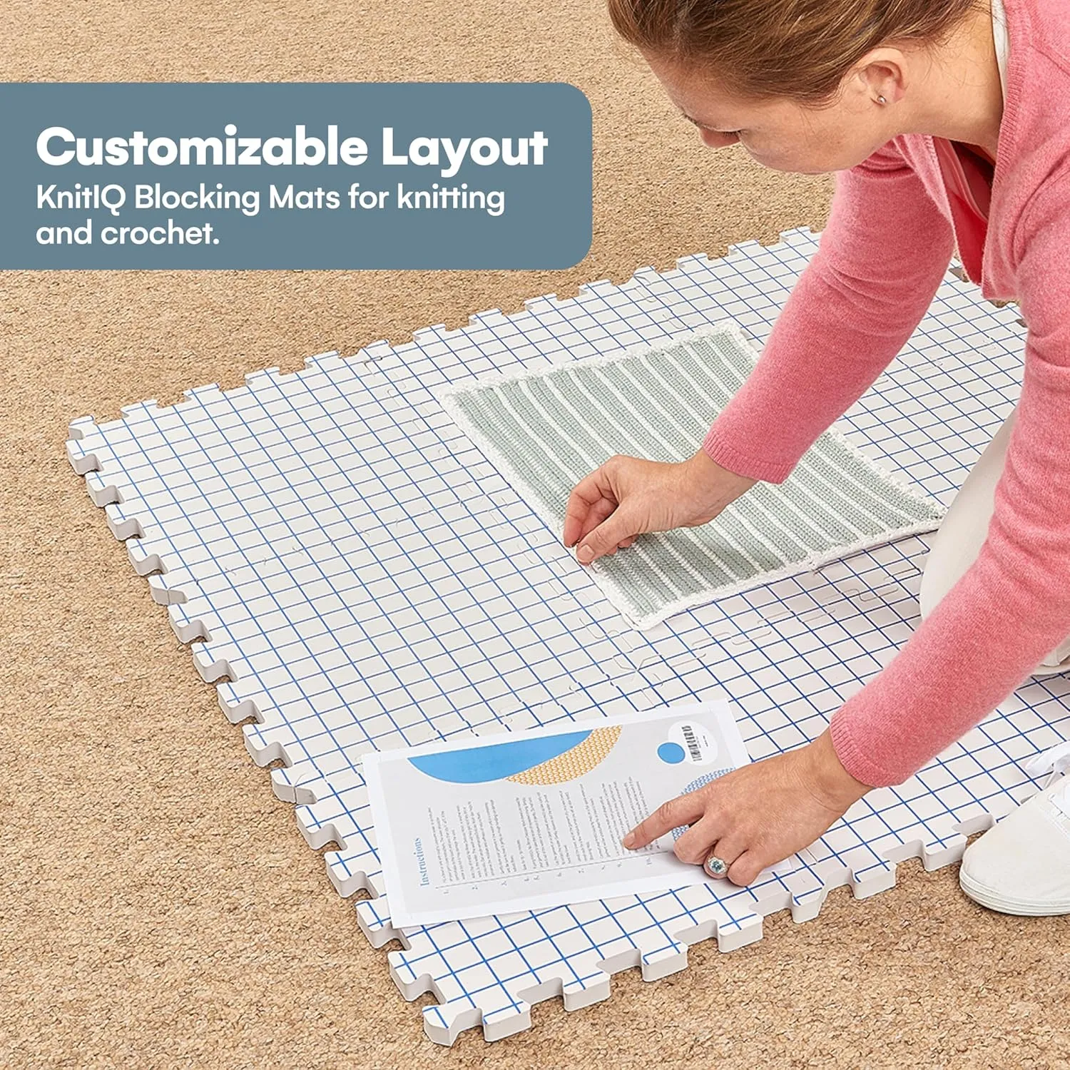 KnitIQ Blocking Mats for Knitting - Extra Thick Blocking Boards with Circular Gridlines for Needlework and Crochet Projects- 100 T-Pins and Storage Bag Included - Standarded Radial Mat Set - Pack of 9