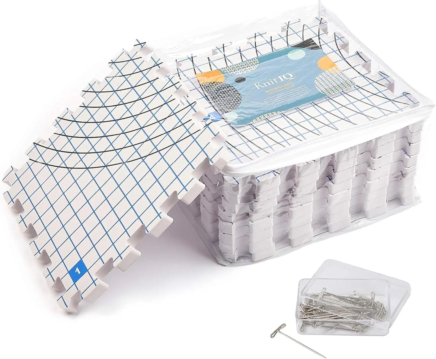 KnitIQ Blocking Mats for Knitting - Extra Thick Blocking Boards with Circular Gridlines for Needlework and Crochet Projects- 100 T-Pins and Storage Bag Included - Standarded Radial Mat Set - Pack of 9