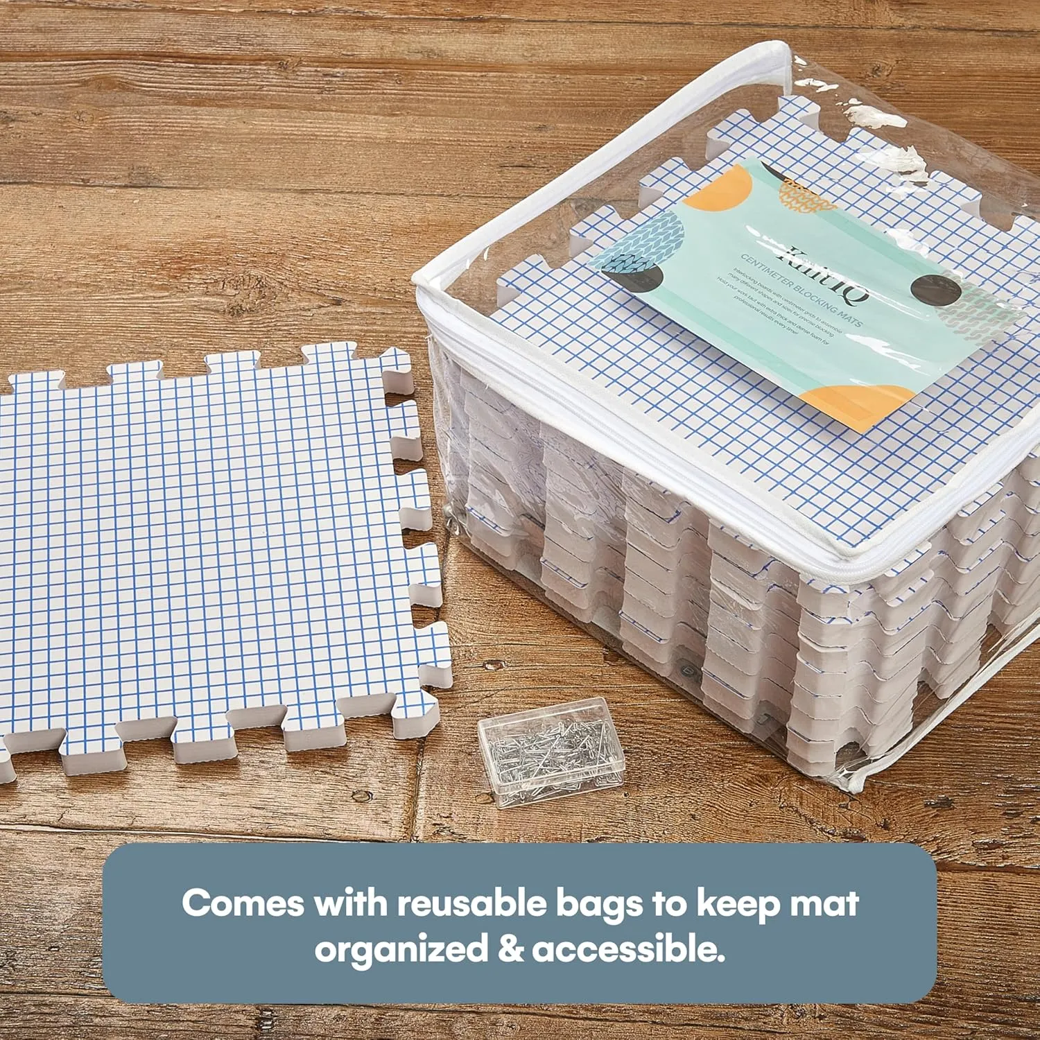KnitIQ Crochet Blocking Board - Pack of 9 Interlocking Blocking Mats for Knitting and Crochet Accessories, 0.75 Inch Thick, 14 x 13 Inches - Includes 100 T-Pins and Storage Bag for Needlework