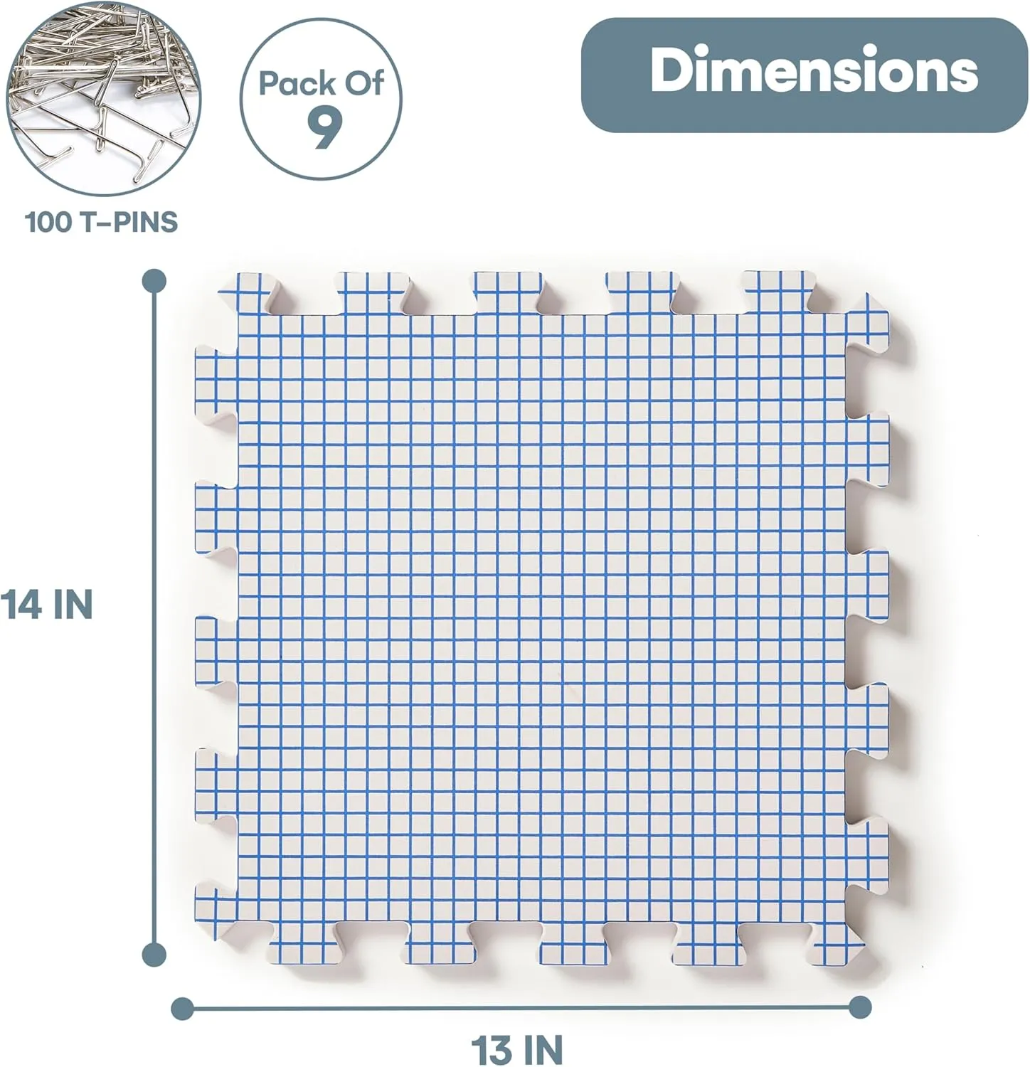 KnitIQ Crochet Blocking Board - Pack of 9 Interlocking Blocking Mats for Knitting and Crochet Accessories, 0.75 Inch Thick, 14 x 13 Inches - Includes 100 T-Pins and Storage Bag for Needlework