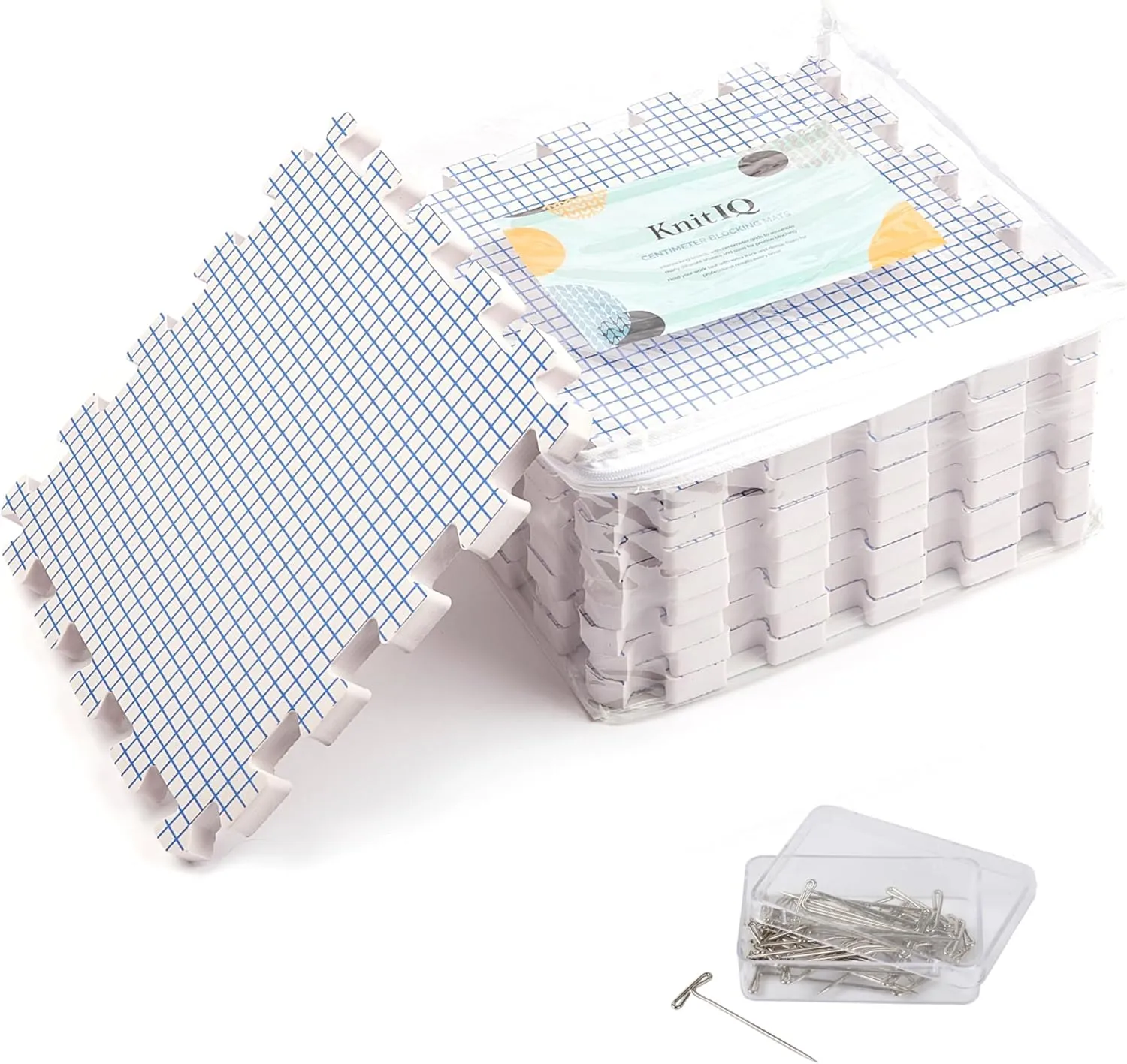 KnitIQ Crochet Blocking Board - Pack of 9 Interlocking Blocking Mats for Knitting and Crochet Accessories, 0.75 Inch Thick, 14 x 13 Inches - Includes 100 T-Pins and Storage Bag for Needlework