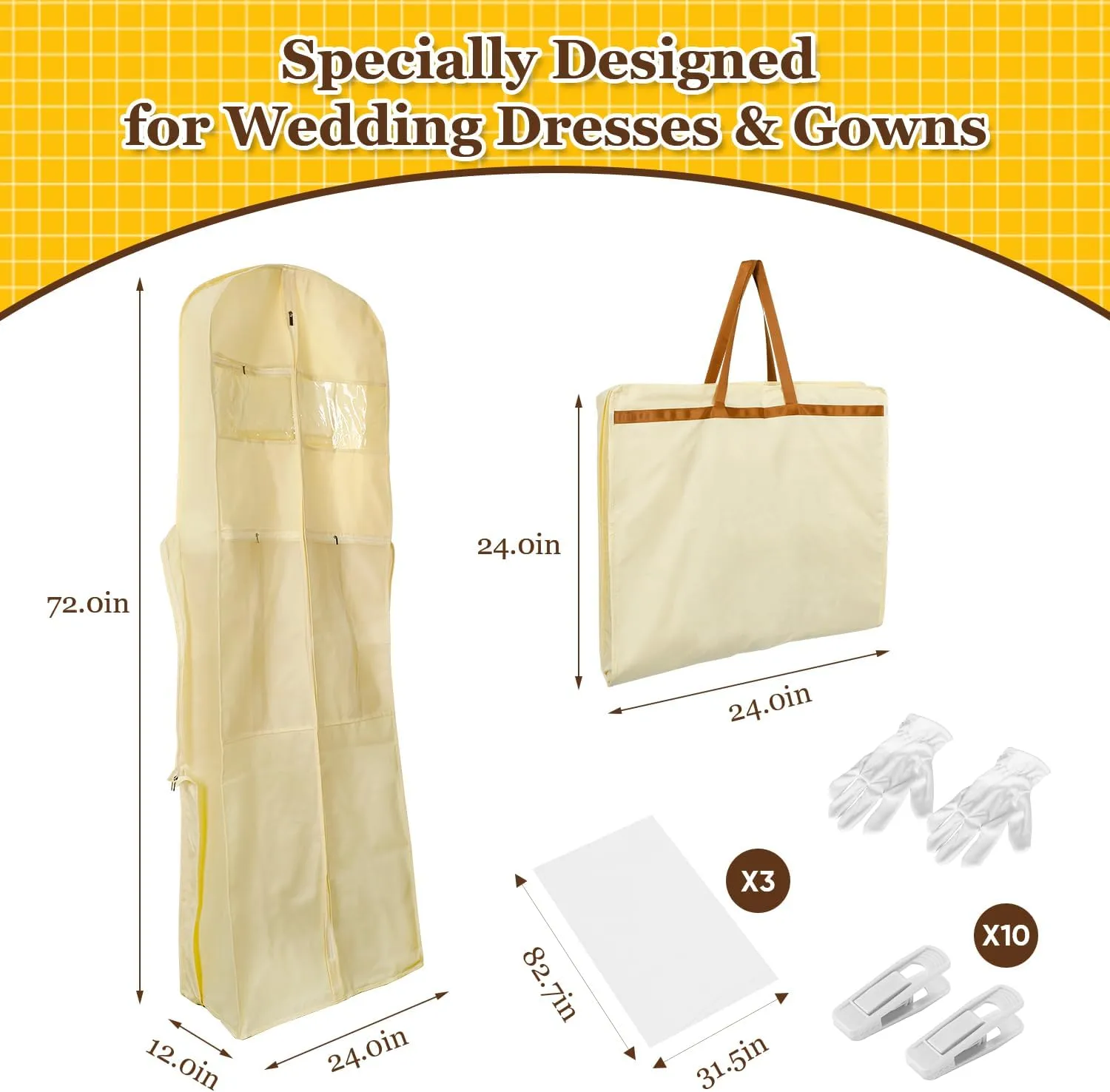 LAARIA Wedding Dress Preservation Storage Box: Foldable Bridal Gown Garment Bag with 3 Acid Free Tissue Paper & 10 Clicks (Beige)