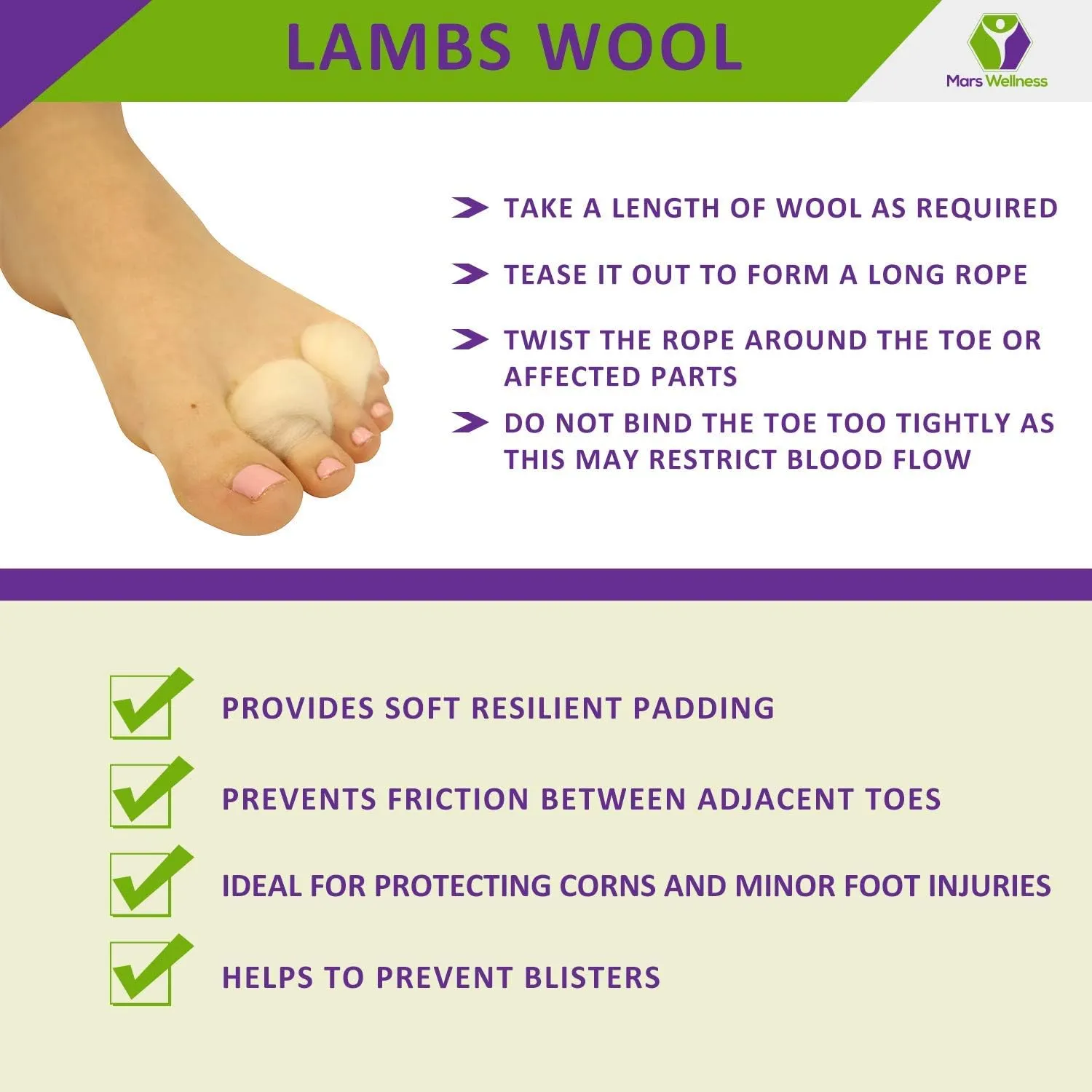 Lambs Wool for Feet Super Soft Cushioning and Toe Seperator - 3/8 oz - Lambs Wool for Toes for Hiking, Dance, Walking and Running - 3 Pack