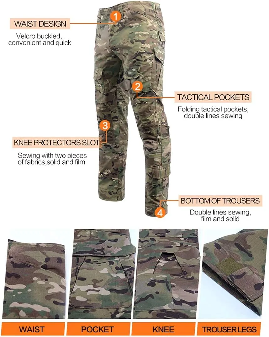 LANBAOSI Men's Tactical Combat Shirt and Pants Set Long Sleeve Woodland Hunting Military Uniform 1/4 Zip