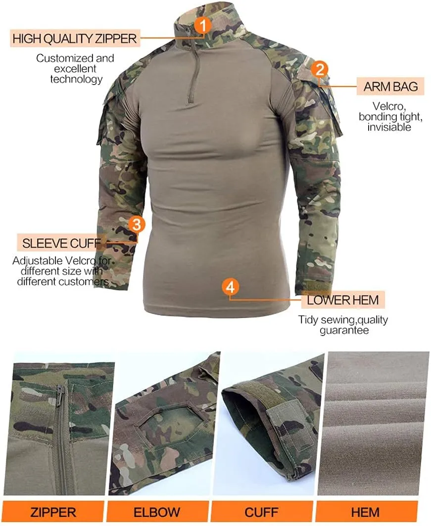 LANBAOSI Men's Tactical Combat Shirt and Pants Set Long Sleeve Woodland Hunting Military Uniform 1/4 Zip
