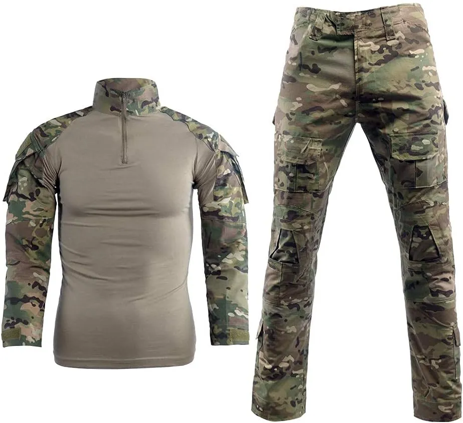 LANBAOSI Men's Tactical Combat Shirt and Pants Set Long Sleeve Woodland Hunting Military Uniform 1/4 Zip