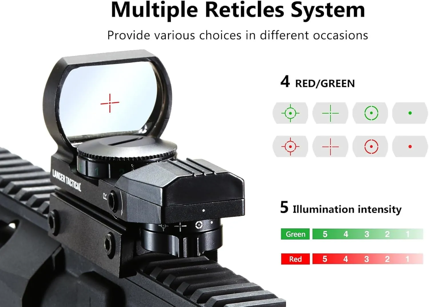 Lancer Tactical Multi Reticle Full Metal Red & Green Dot Open Tubeless Reflex Airsoft Scope Sight