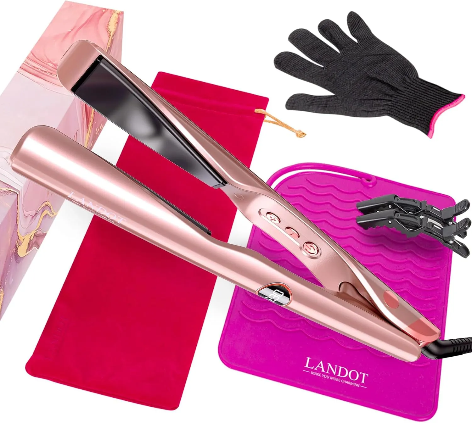 LANDOT 2-in-1 Flat Iron Curling Iron | 30s Heat-Up 12 Temp Settings & Ceramic Coating | Salon-Perfect Straightening & Curling | Tangle-Free Design with Heat-Resistant Mat