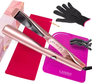 LANDOT 2-in-1 Flat Iron Curling Iron | 30s Heat-Up 12 Temp Settings & Ceramic Coating | Salon-Perfect Straightening & Curling | Tangle-Free Design with Heat-Resistant Mat
