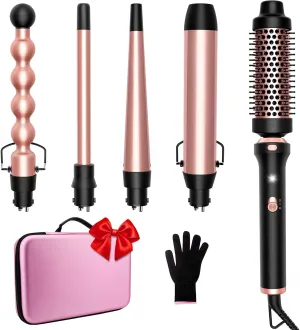 Lanumi 5 in 1 Curling Iron Set Include Curling Brush and 4 Interchangeable Ceramic Curling Wand（0.5"-1.25"）， Fast Heating Up Dual Voltage Waver Hair Curler，Gift for Women (Pink)