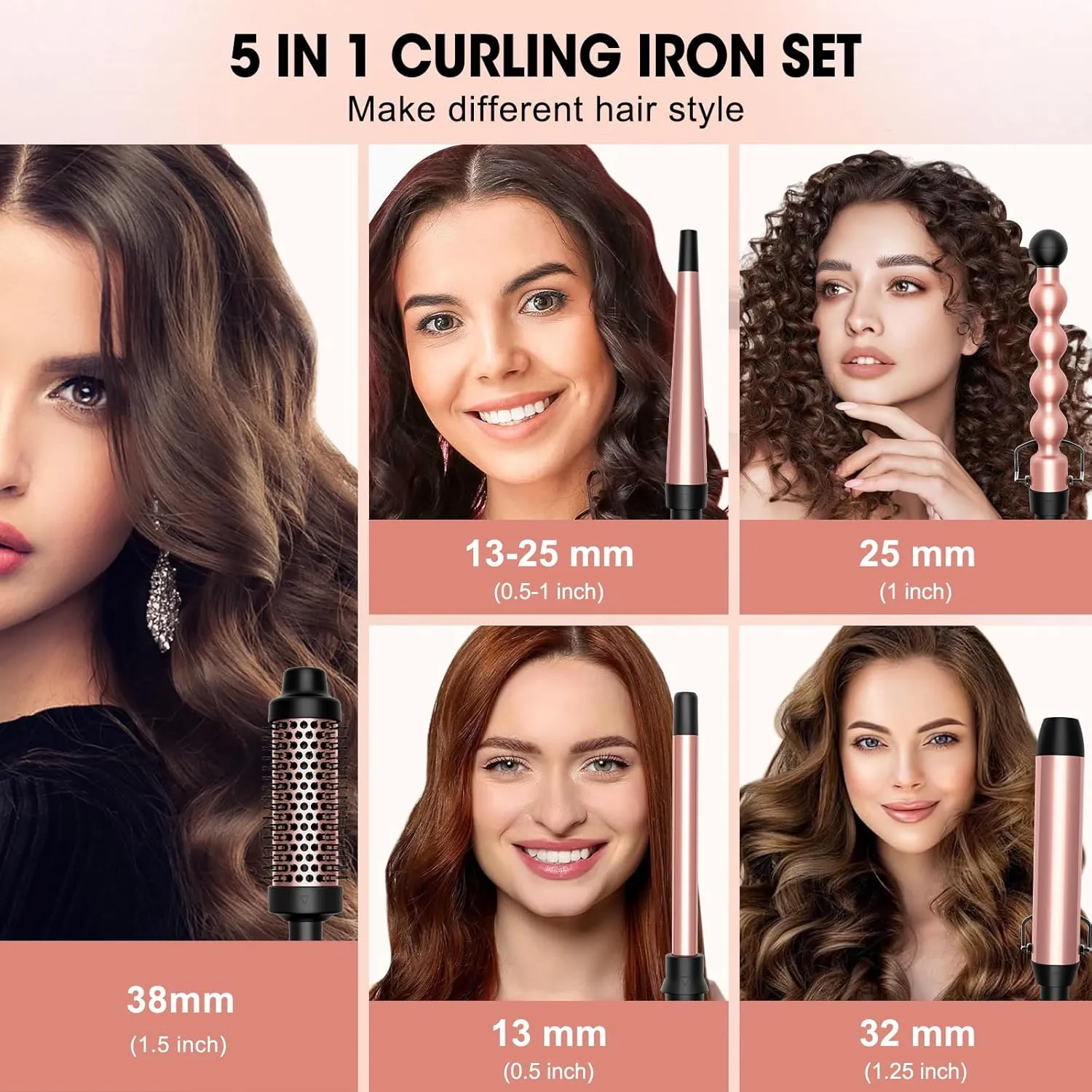 Lanumi 5 in 1 Curling Iron Set Include Curling Brush and 4 Interchangeable Ceramic Curling Wand（0.5"-1.25"）， Fast Heating Up Dual Voltage Waver Hair Curler，Gift for Women (Pink)