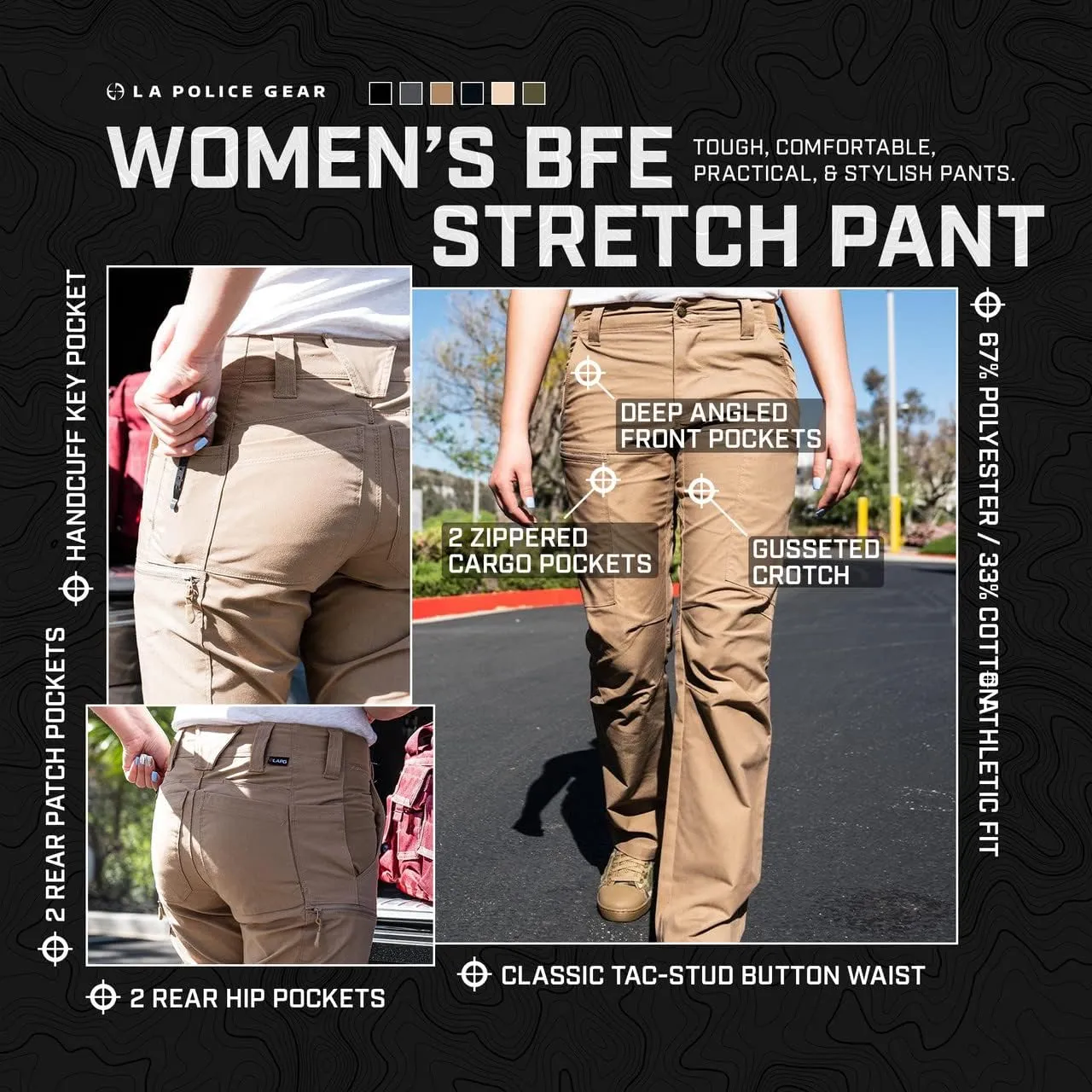 LAPG Women's BFE Stretch Tactical Cargo Pants, Mid Rise, Slim Fit, Lightweight Tac Pants for Women