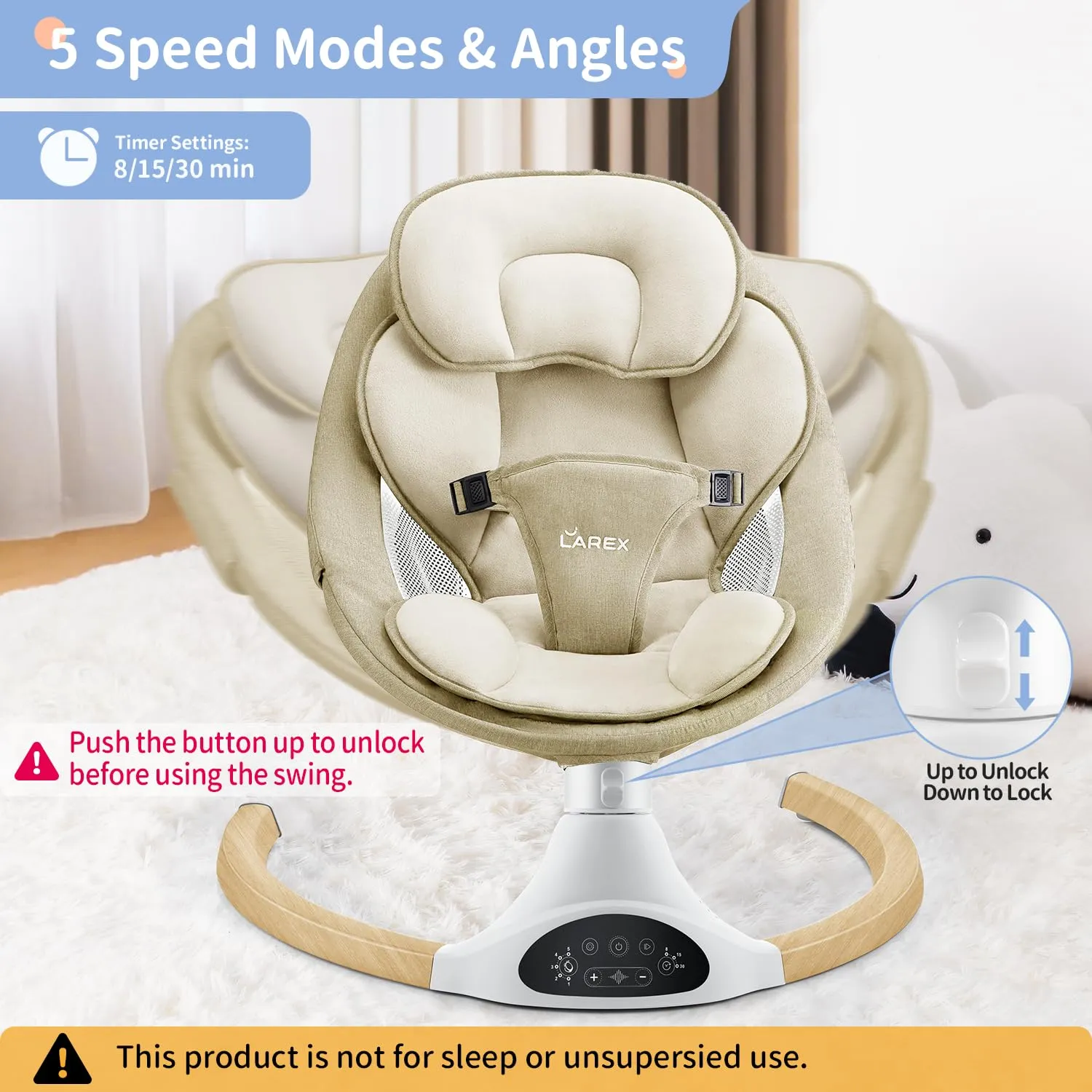 LAREX Baby Swing Infant Swing Electric Toddler Baby Rocker Portable for Newborn Boy Girl, 5 Sway Speeds with Remote Control, 10 Preset Melodies and Bluetooth, 0-6 Months Max 20 Lbs (Khaki)