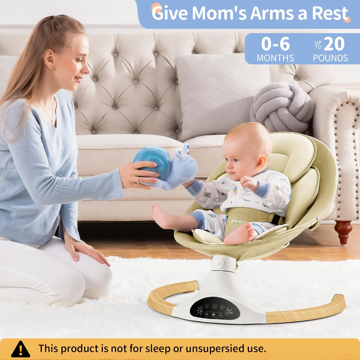 LAREX Baby Swing Infant Swing Electric Toddler Baby Rocker Portable for Newborn Boy Girl, 5 Sway Speeds with Remote Control, 10 Preset Melodies and Bluetooth, 0-6 Months Max 20 Lbs (Khaki)