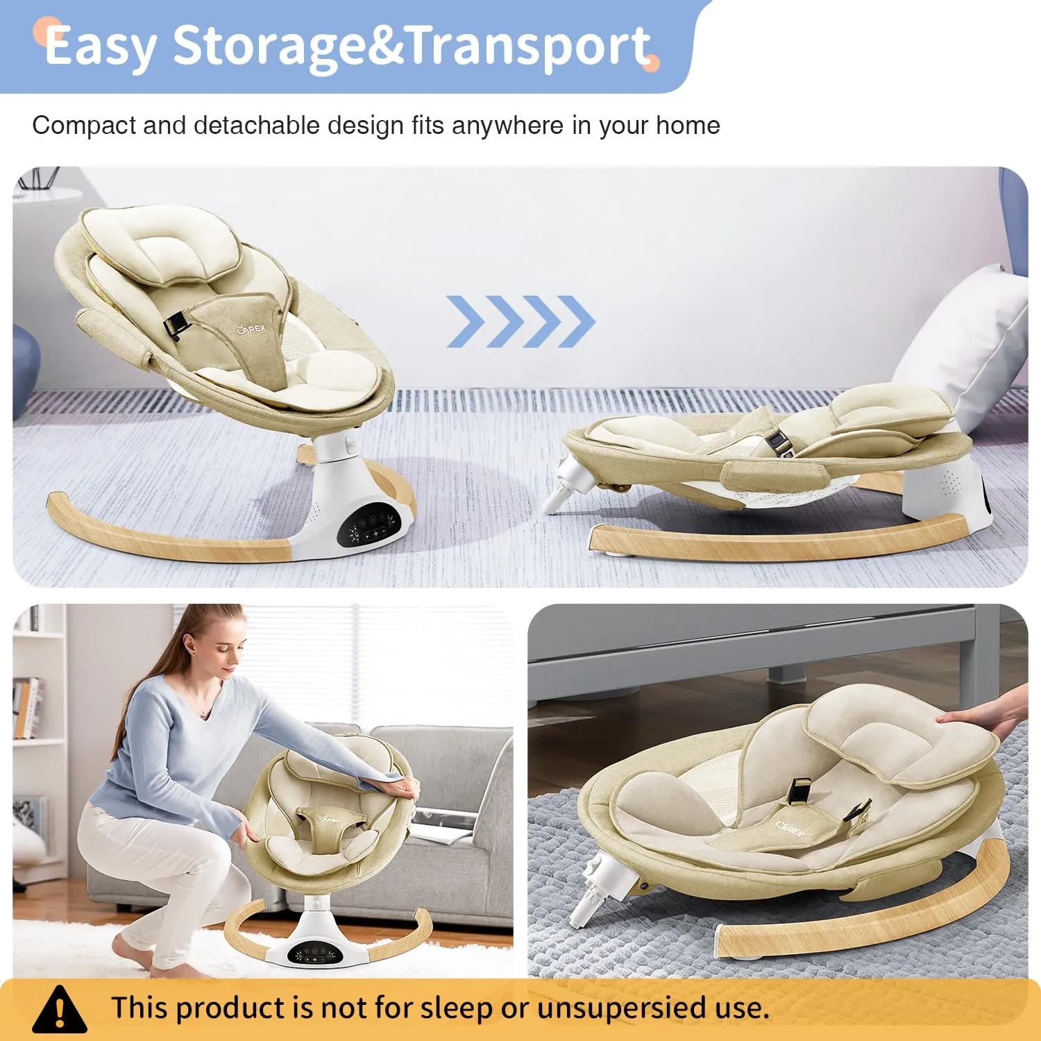 LAREX Baby Swing Infant Swing Electric Toddler Baby Rocker Portable for Newborn Boy Girl, 5 Sway Speeds with Remote Control, 10 Preset Melodies and Bluetooth, 0-6 Months Max 20 Lbs (Khaki)