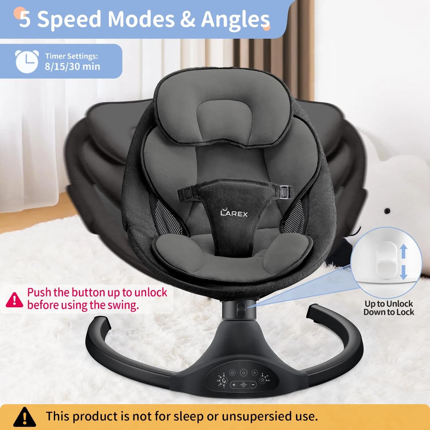 LAREX Baby Swing Infant Swing Electric Toddler Baby Rocker Portable for Newborn Boy Girl, 5 Sway Speeds with Remote Control, 10 Preset Melodies and Bluetooth, 0-6 Months Max 20 Lbs