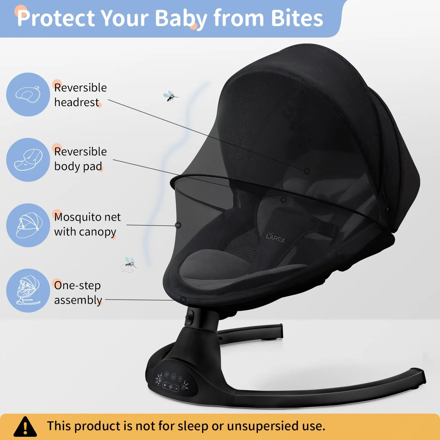 LAREX Baby Swing Infant Swing Electric Toddler Baby Rocker Portable for Newborn Boy Girl, 5 Sway Speeds with Remote Control, 10 Preset Melodies and Bluetooth, 0-6 Months Max 20 Lbs