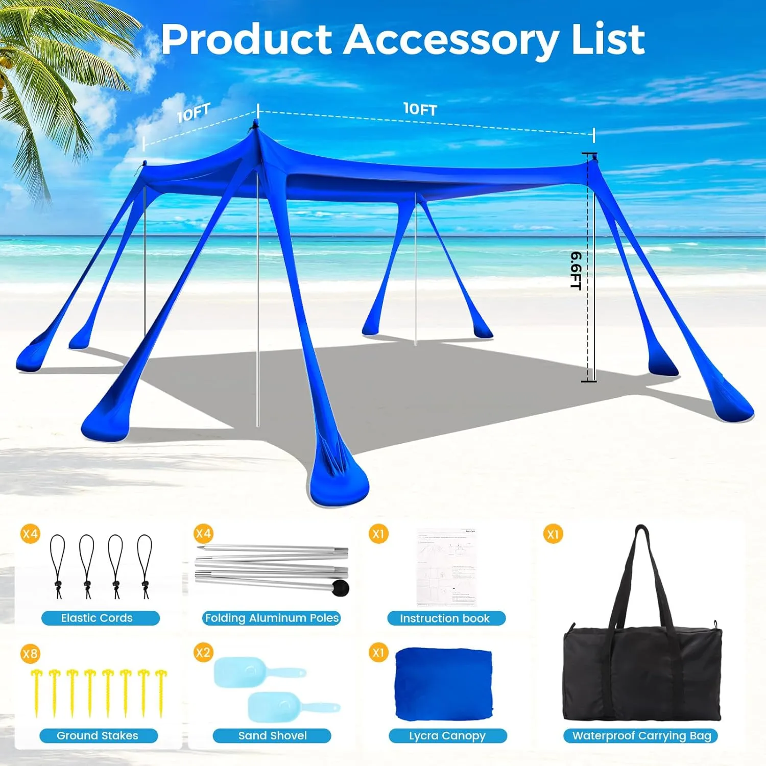 Large Beach Tent Canopy Pop Up Shade 10x10ft Sun Shelter Portable with UPF50  UV Protection 8 Sandbags 4 Aluminum Poles 2 Sand Shovel Ground Pegs Carrying Bag for Outdoor Camping Fishing Yard Picnics