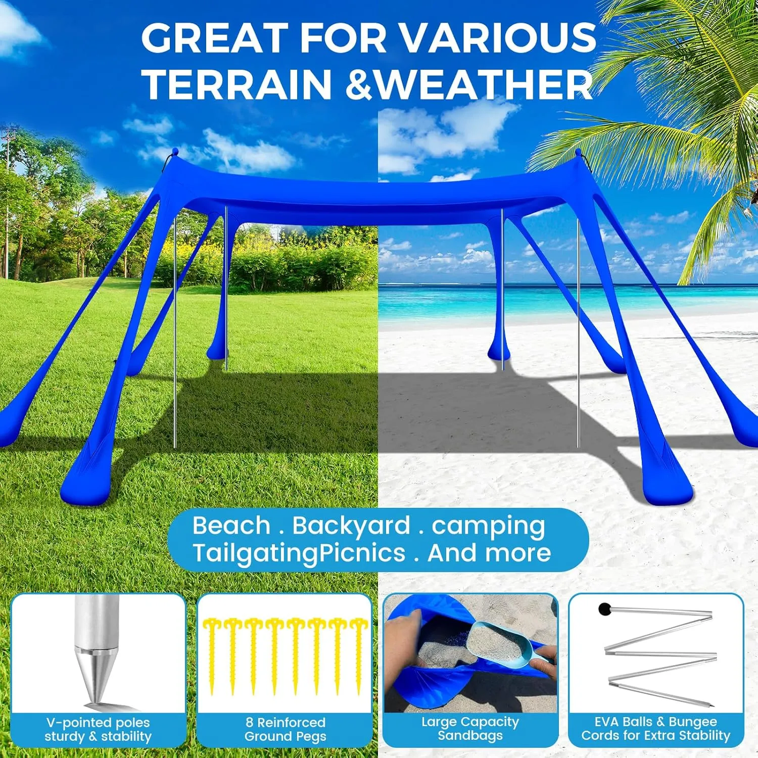 Large Beach Tent Canopy Pop Up Shade 10x10ft Sun Shelter Portable with UPF50  UV Protection 8 Sandbags 4 Aluminum Poles 2 Sand Shovel Ground Pegs Carrying Bag for Outdoor Camping Fishing Yard Picnics