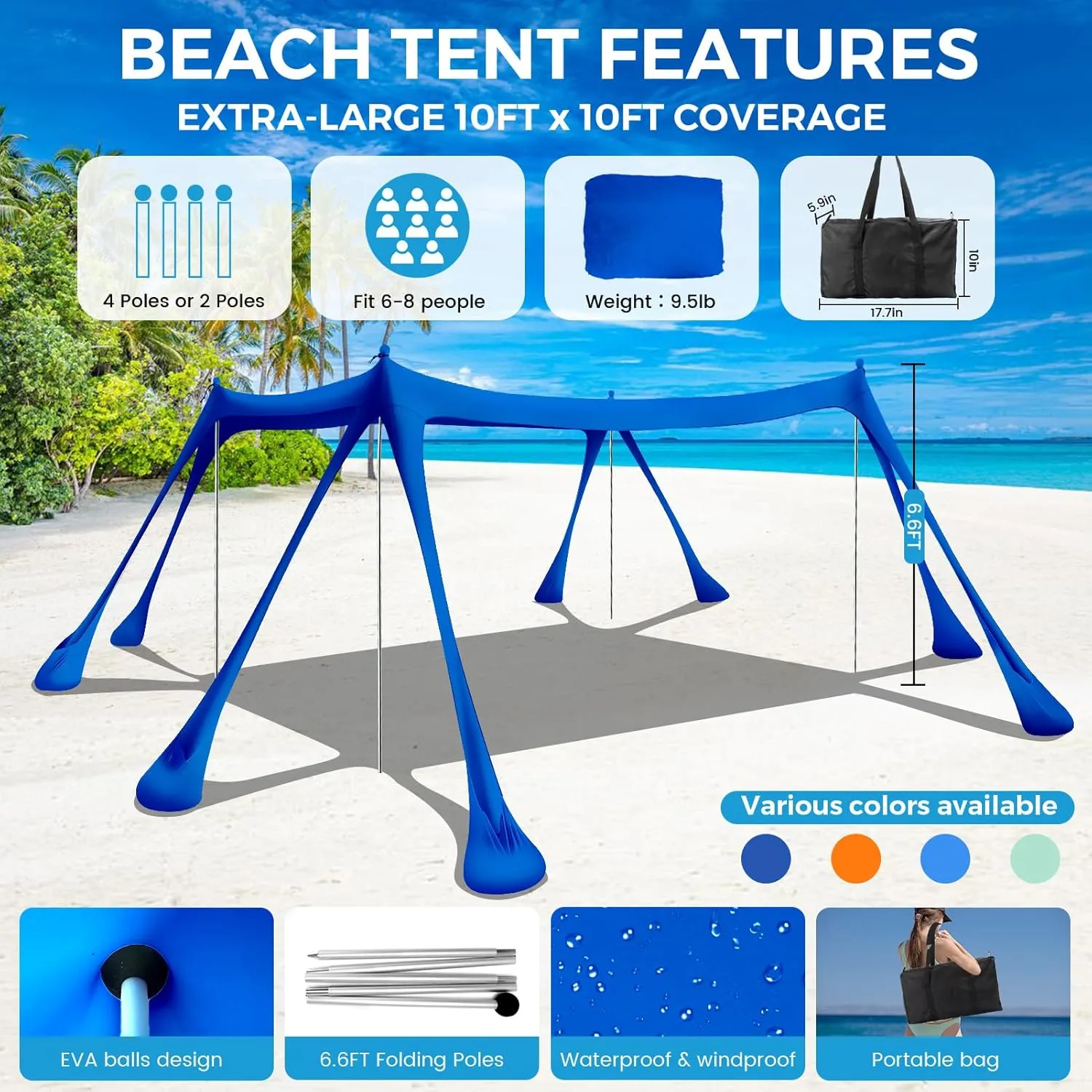 Large Beach Tent Canopy Pop Up Shade 10x10ft Sun Shelter Portable with UPF50  UV Protection 8 Sandbags 4 Aluminum Poles 2 Sand Shovel Ground Pegs Carrying Bag for Outdoor Camping Fishing Yard Picnics