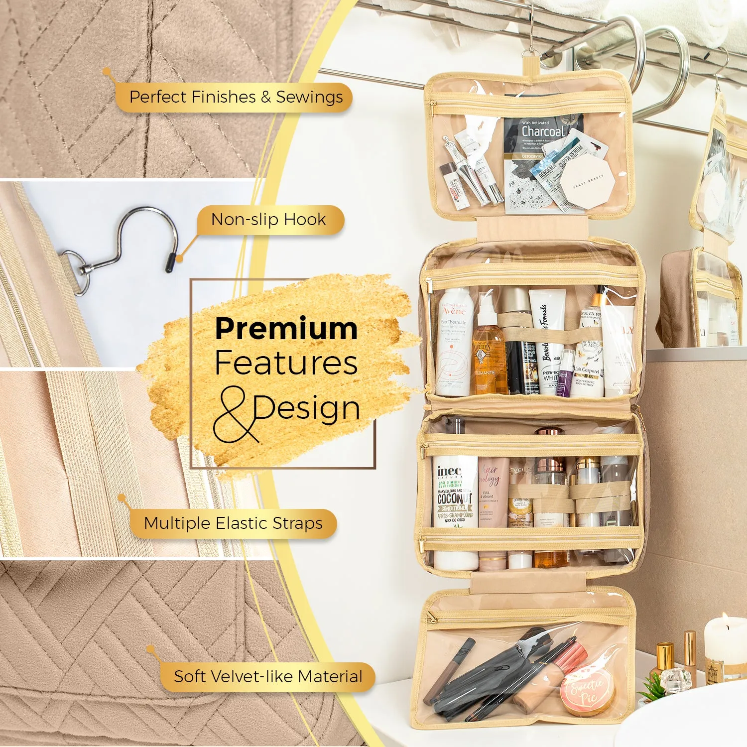 Large Foldable Hanging Toiletry Bag - Camel Brown