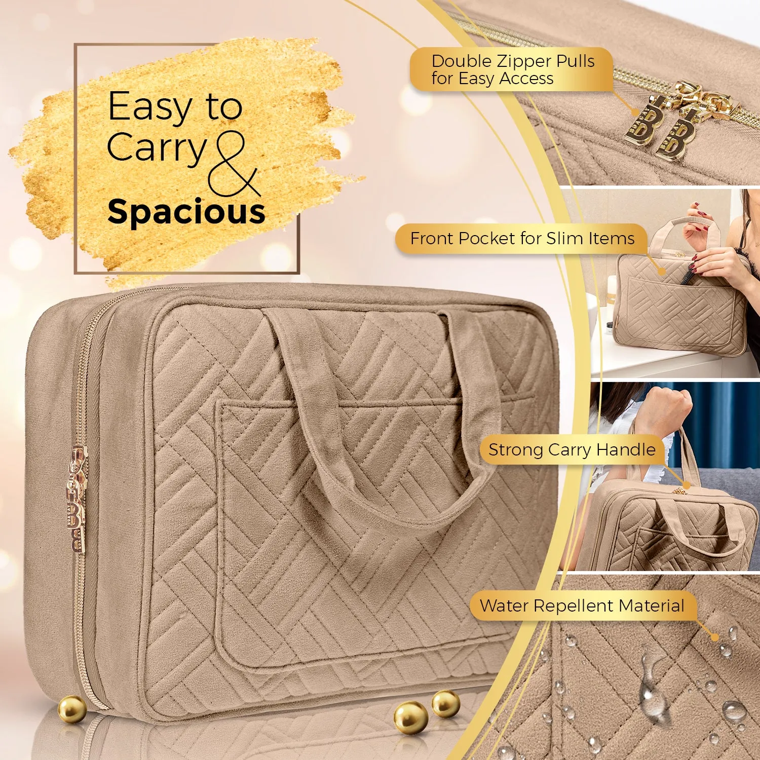 Large Foldable Hanging Toiletry Bag - Camel Brown