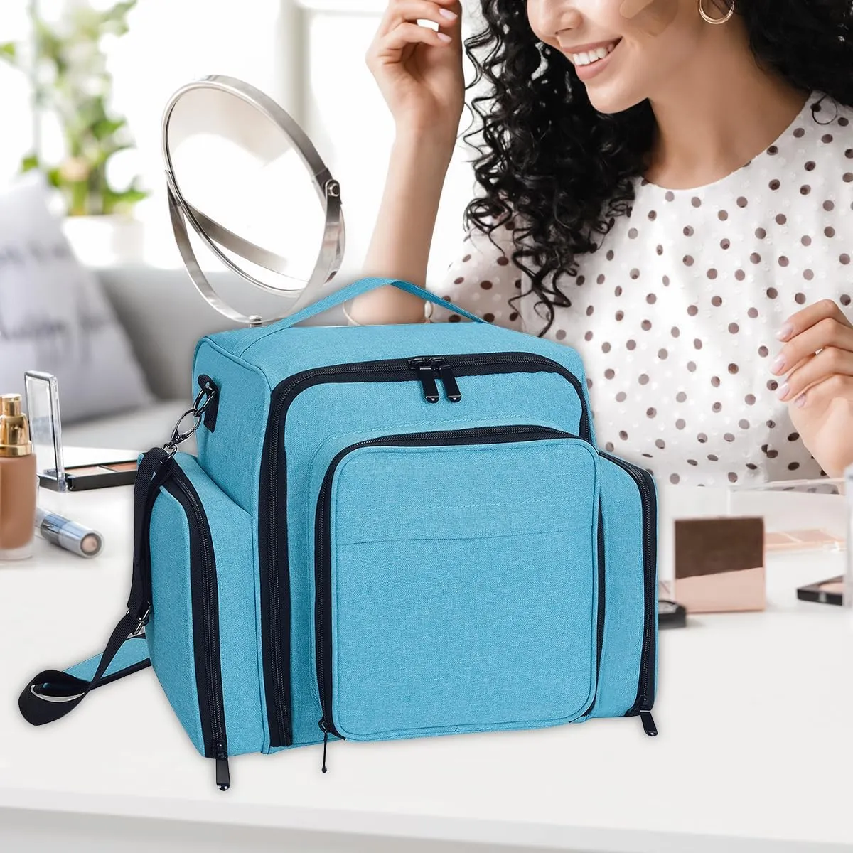 Large Makeup Bag Cosmetic Case Organizer with 3 Inner Removable Pouches Multifunctional Travel Train Storage,Green