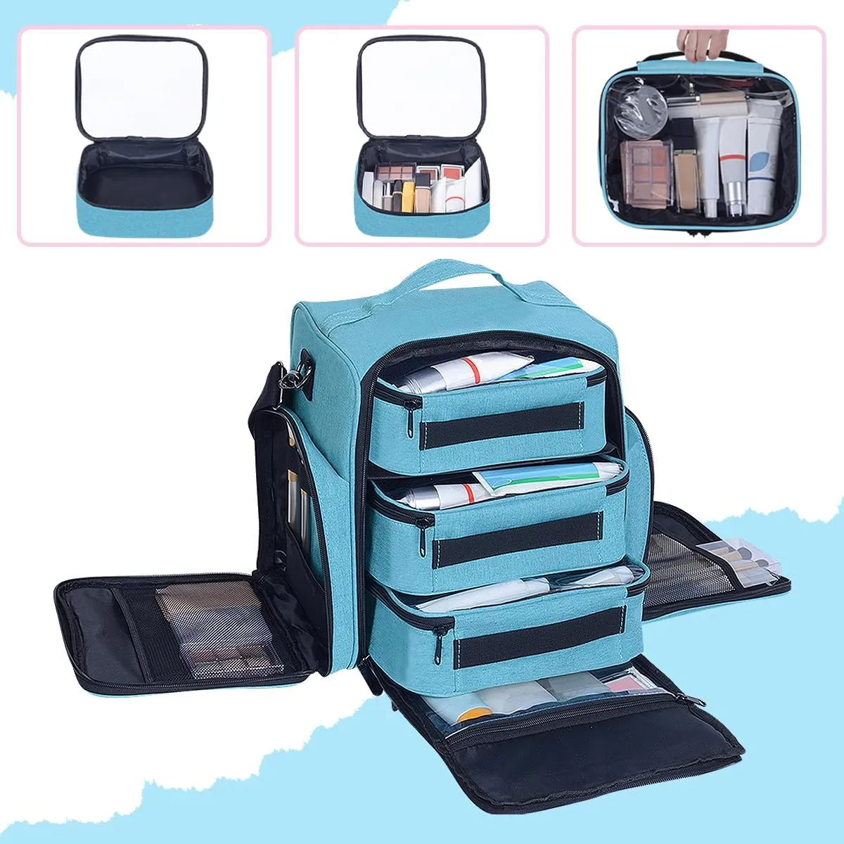 Large Makeup Bag Cosmetic Case Organizer with 3 Inner Removable Pouches Multifunctional Travel Train Storage,Green