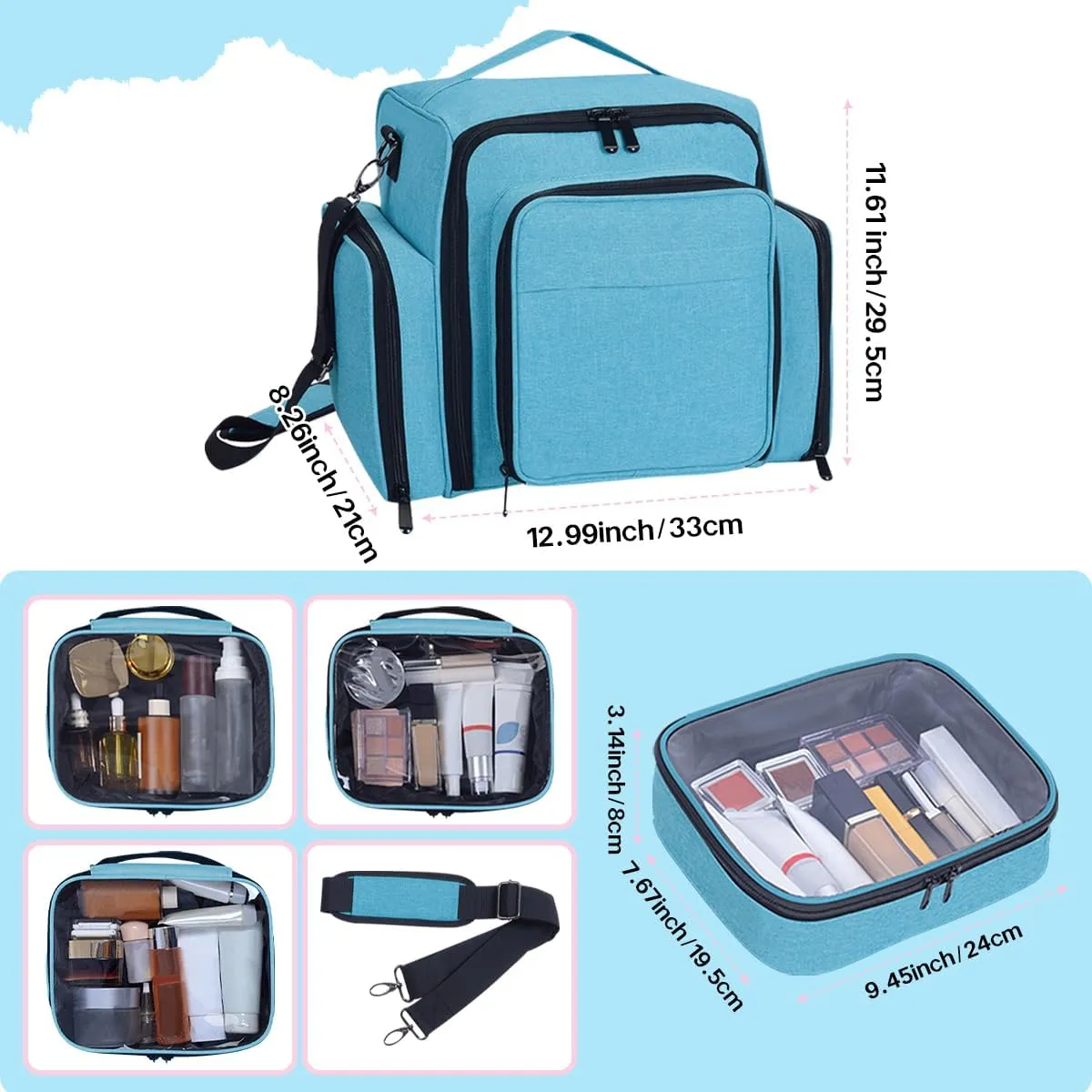 Large Makeup Bag Cosmetic Case Organizer with 3 Inner Removable Pouches Multifunctional Travel Train Storage,Green
