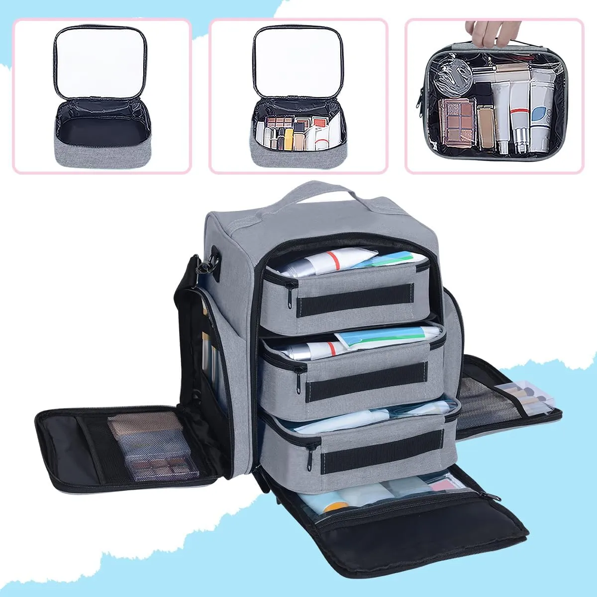 Large Makeup Bag Cosmetic Case Organizer with 3 Inner Removable Pouches Multifunctional Travel Train Storage,Grey